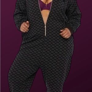 Savage X Fenty Black Patterned Zip-Front Onesie with Purple Bra